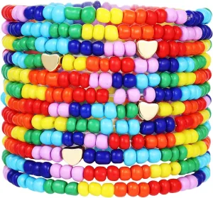 12PCS Bohemian Stackable Rainbow Bracelet Set Colorful Multi-layered Boho Rainbow Seed Bead Love Heart Stretch Bracelet LGBT Gay Pride Month Parade Friendship Costume Jewelry