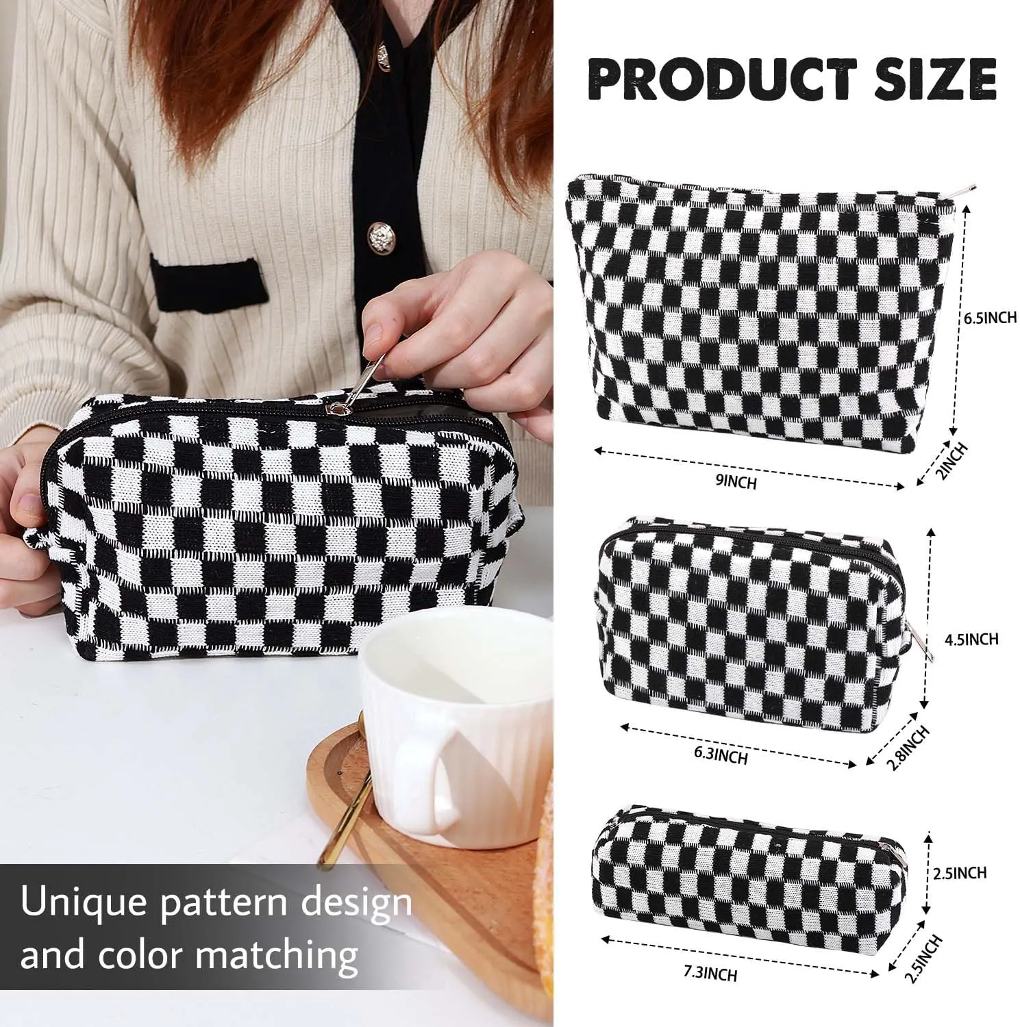 3 Pcs Makeup Bag Cosmetic Bag Set for Girls Women Checkered Travel Organizer Bathroom Toiletry Pouch Large Capacity Storage Bag (Black-White)