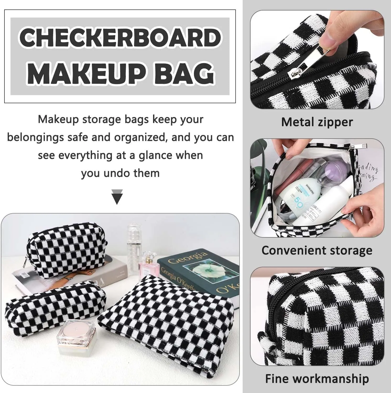 3 Pcs Makeup Bag Cosmetic Bag Set for Girls Women Checkered Travel Organizer Bathroom Toiletry Pouch Large Capacity Storage Bag (Black-White)