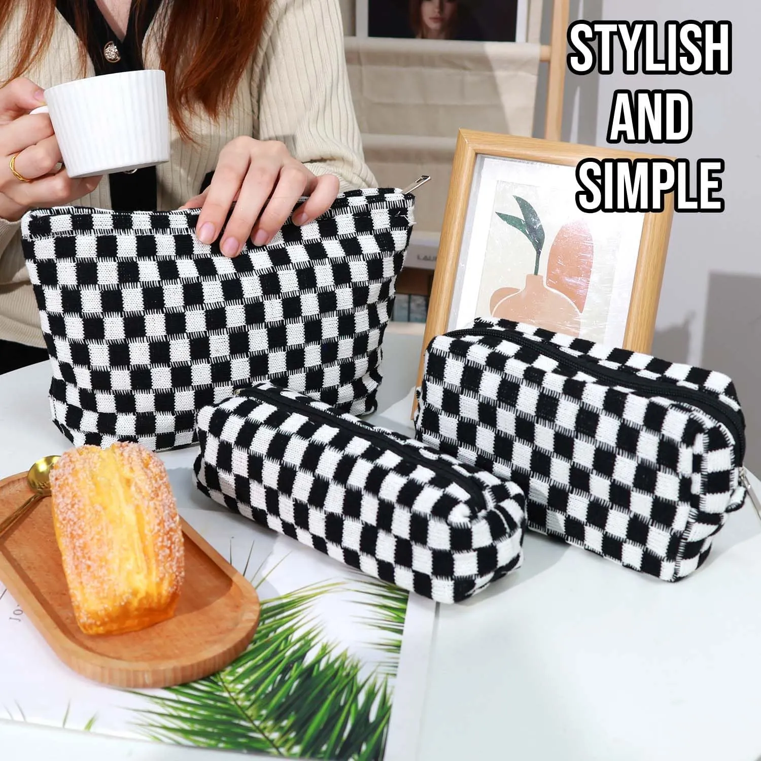 3 Pcs Makeup Bag Cosmetic Bag Set for Girls Women Checkered Travel Organizer Bathroom Toiletry Pouch Large Capacity Storage Bag (Black-White)