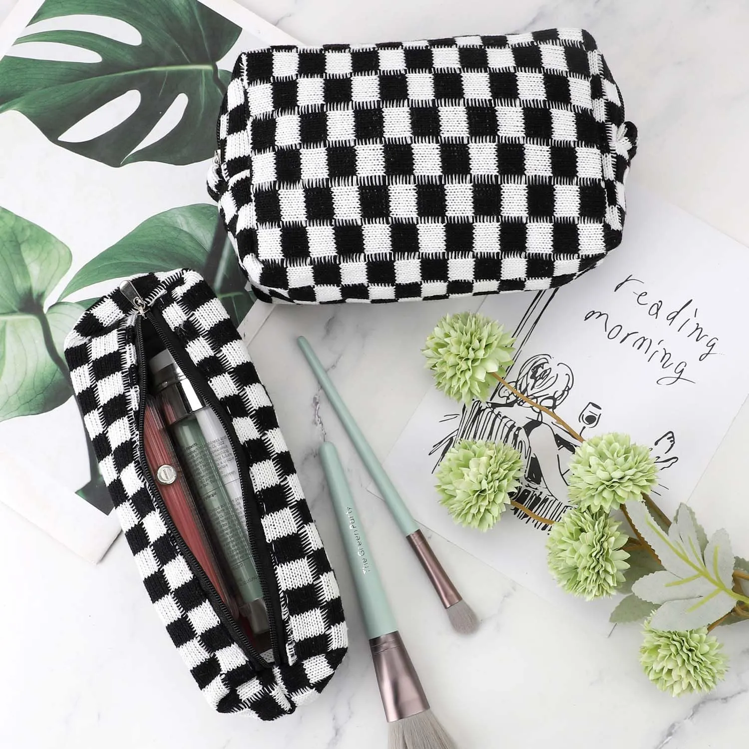 3 Pcs Makeup Bag Cosmetic Bag Set for Girls Women Checkered Travel Organizer Bathroom Toiletry Pouch Large Capacity Storage Bag (Black-White)