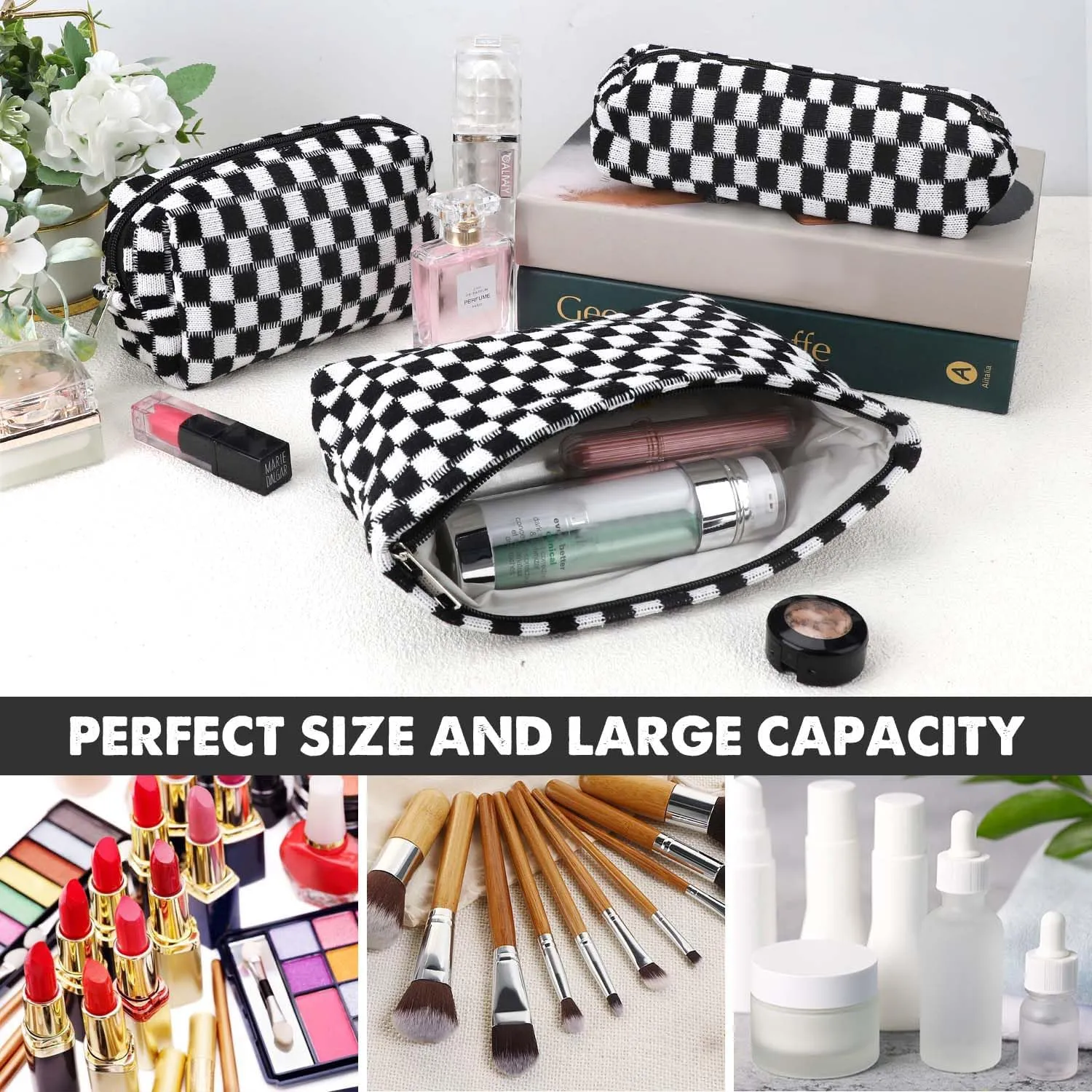 3 Pcs Makeup Bag Cosmetic Bag Set for Girls Women Checkered Travel Organizer Bathroom Toiletry Pouch Large Capacity Storage Bag (Black-White)