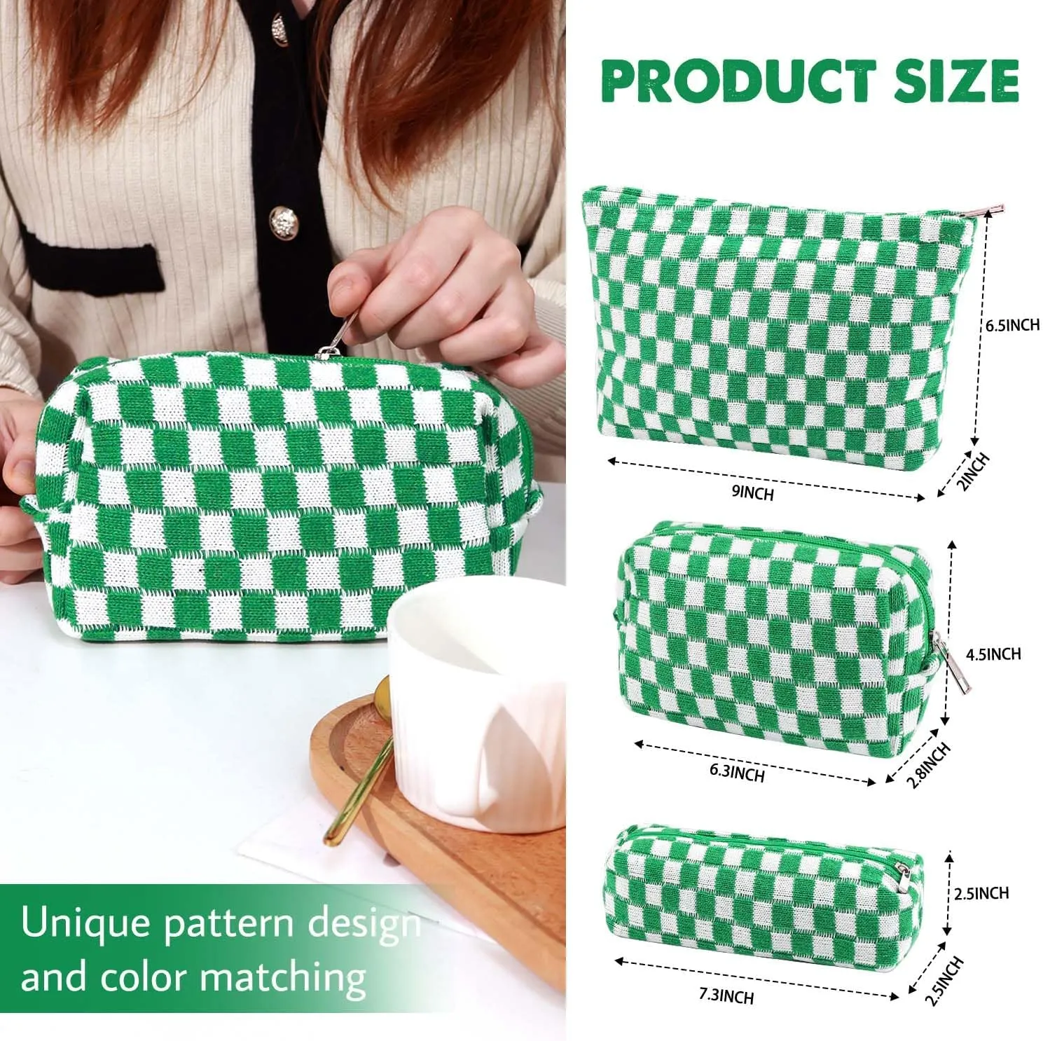 3 Pcs Makeup Bag Cosmetic Bag Set for Girls Women Checkered Travel Organizer Bathroom Toiletry Pouch Large Capacity Storage Bag(Green-White)