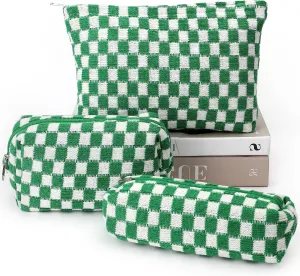 3 Pcs Makeup Bag Cosmetic Bag Set for Girls Women Checkered Travel Organizer Bathroom Toiletry Pouch Large Capacity Storage Bag(Green-White)