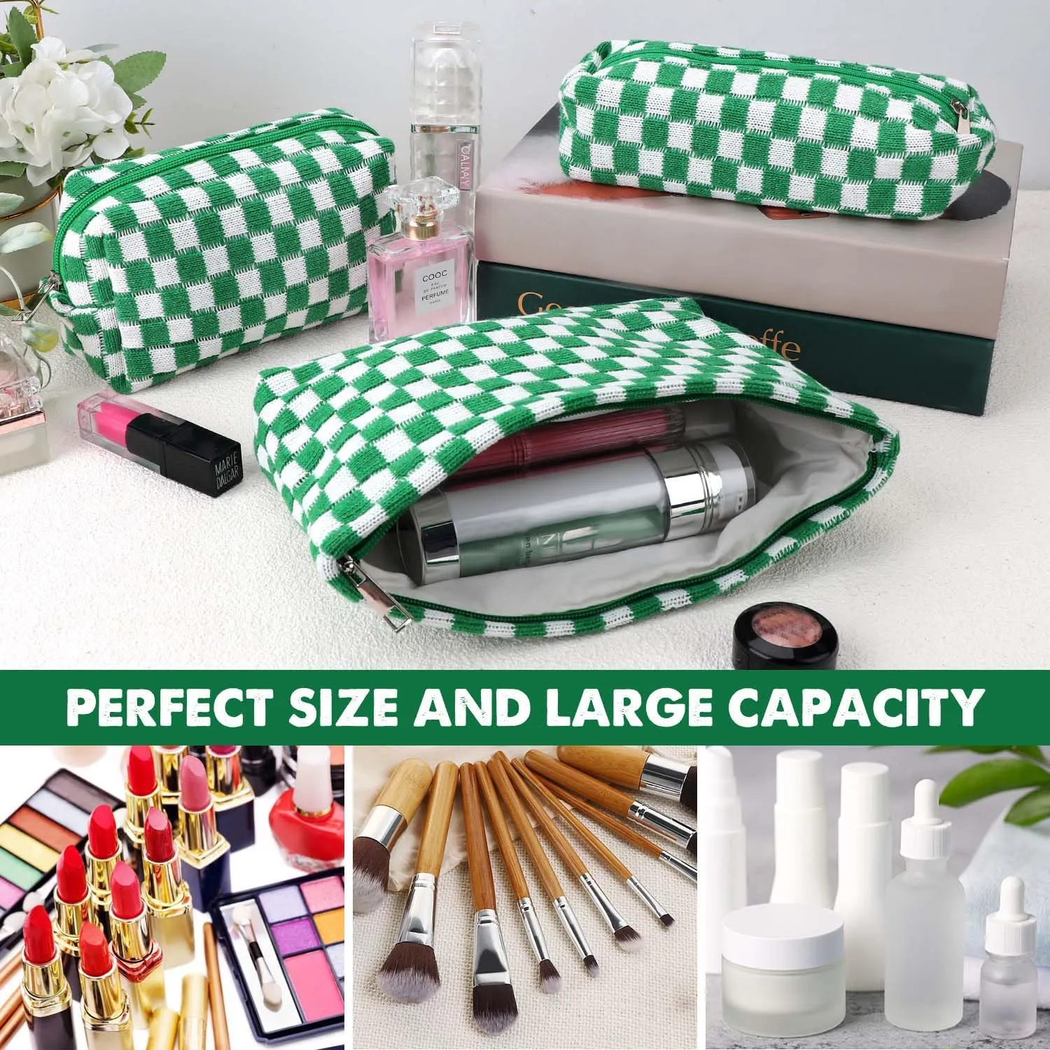 3 Pcs Makeup Bag Cosmetic Bag Set for Girls Women Checkered Travel Organizer Bathroom Toiletry Pouch Large Capacity Storage Bag(Green-White)