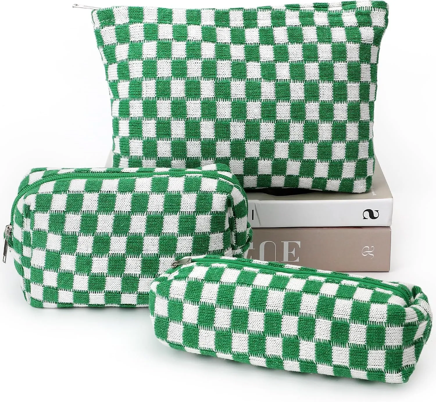 3 Pcs Makeup Bag Cosmetic Bag Set for Girls Women Checkered Travel Organizer Bathroom Toiletry Pouch Large Capacity Storage Bag(Green-White)