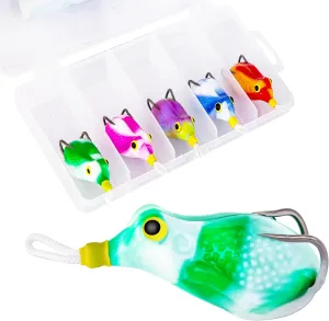 5Pcs Topwater Frog Lures Sets with Bait Box, Frog Lure Ray Frog Topwater Fishing Crankbait Lures, Frog Artificial Soft Bait for Bass Snakehead, Weedless Freshwater Soft Simulated Frog Bait