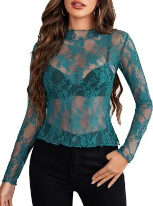 Avidlove Women's Mesh Top Long Sleeve Mock Neck Sheer Blouse See Through Floral Lace Tops