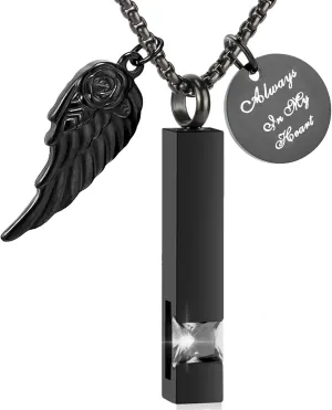 Bar Urn Necklace for Men Women Cremation Jewelry for Ashes with Angel Wing Charm Stainless Steel Cremation Memorial Ash Pendant for Loved One