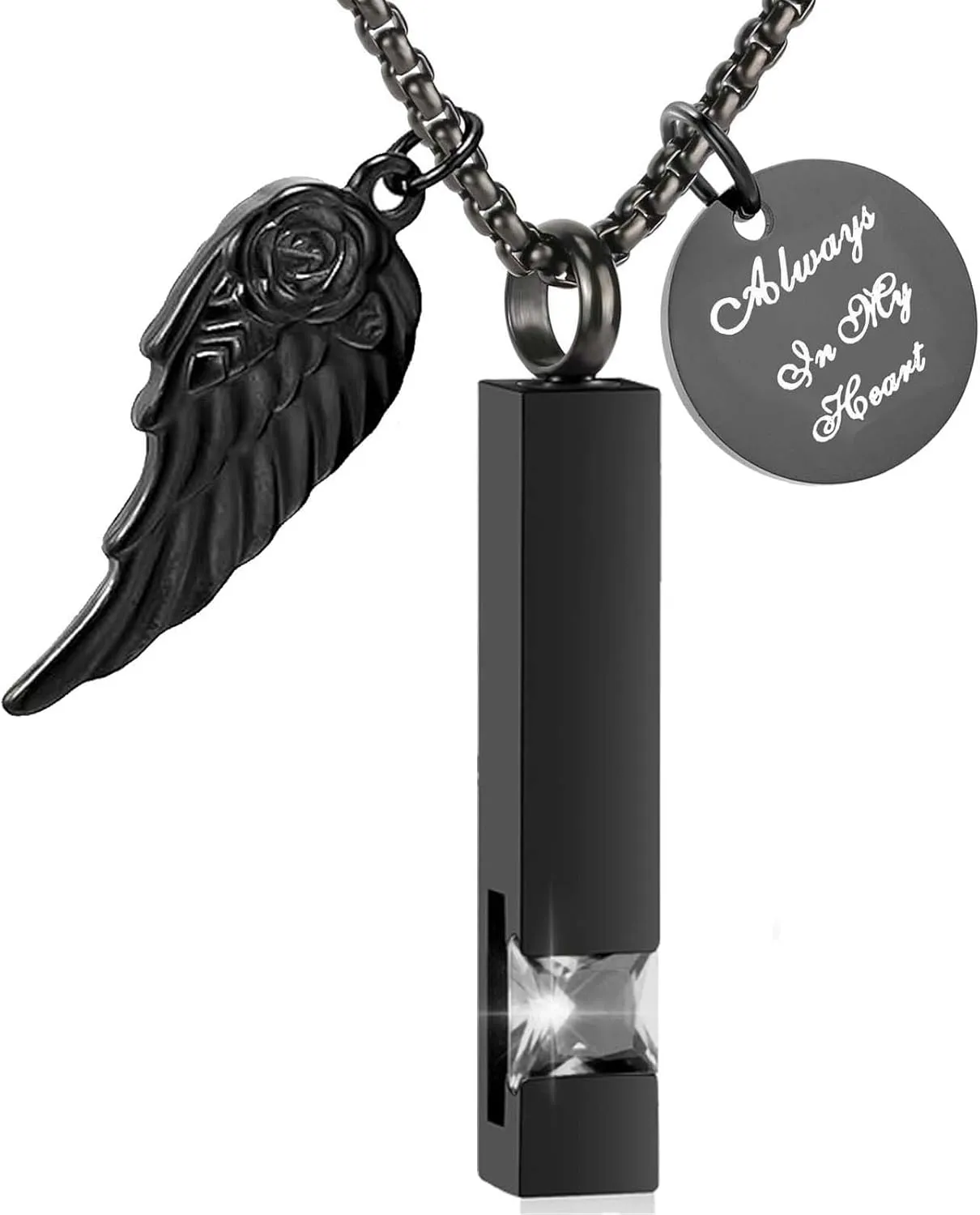 Bar Urn Necklace for Men Women Cremation Jewelry for Ashes with Angel Wing Charm Stainless Steel Cremation Memorial Ash Pendant for Loved One