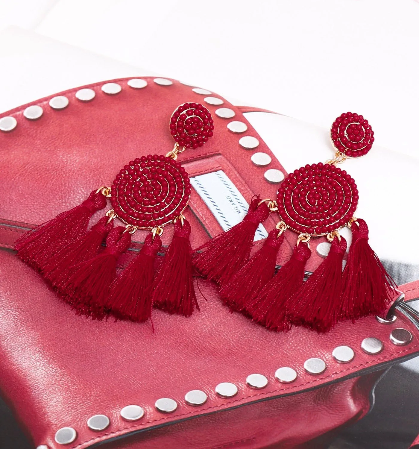 Beaded Tassel Earrings for Women Thread Fringe Drop Dangle Earrings Bohemia Statement Stud Earrings