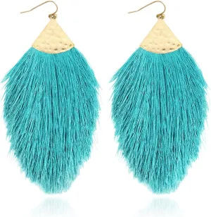 Bohemian Silky Thread Fan Fringe Tassel Statement Earrings - Lightweight Strand Feather Shape Dangles