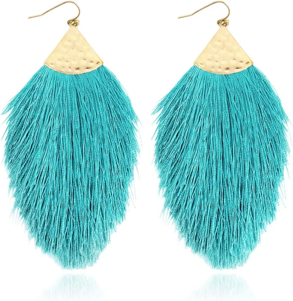 Bohemian Silky Thread Fan Fringe Tassel Statement Earrings - Lightweight Strand Feather Shape Dangles