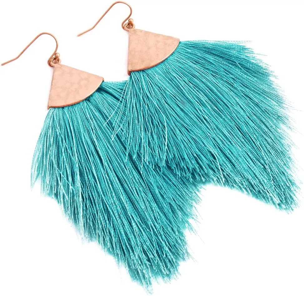 Bohemian Silky Thread Fan Fringe Tassel Statement Earrings - Lightweight Strand Feather Shape Dangles