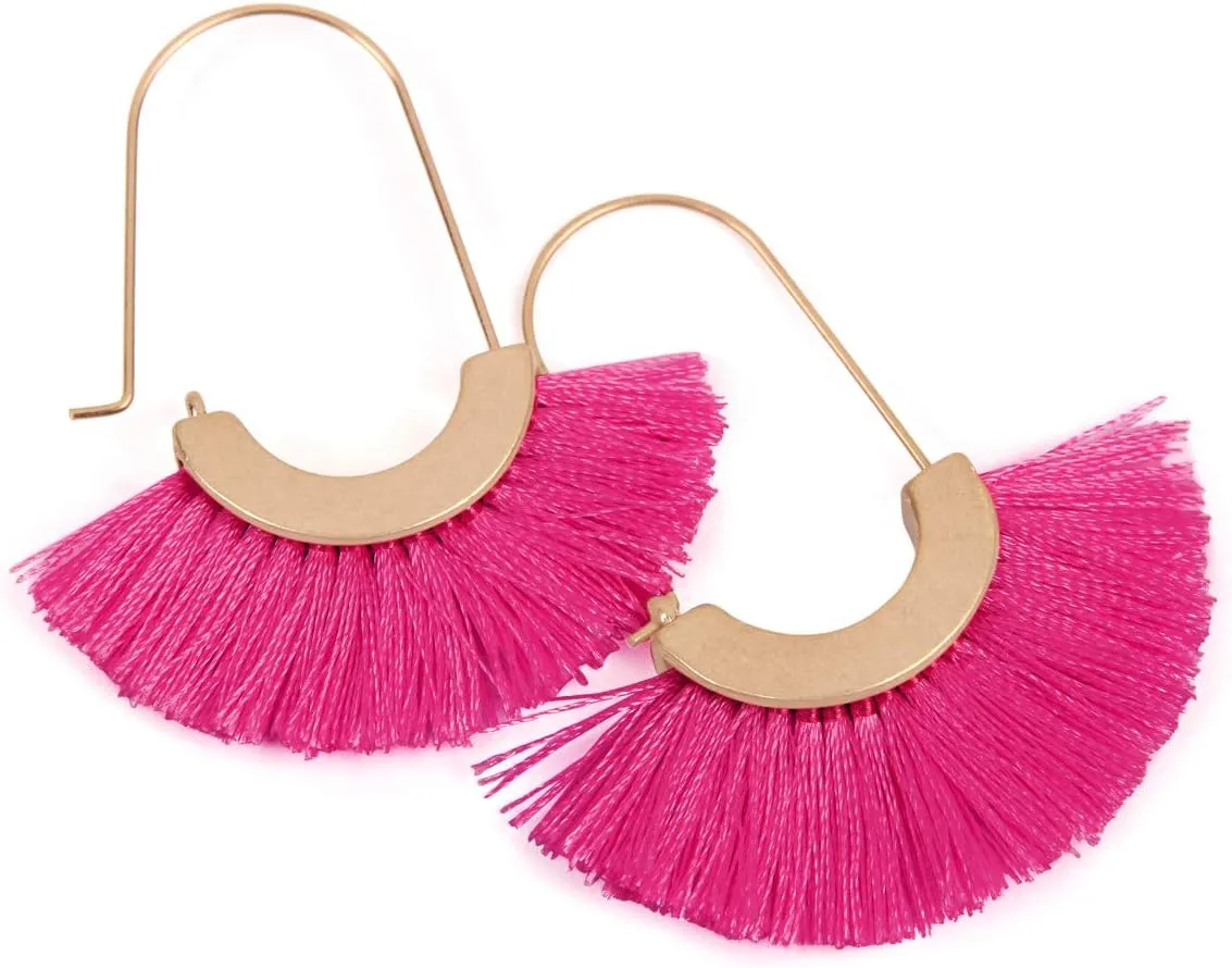 Bohemian Silky Thread Tassel Strand Fringe Statement Hoop Earrings - Lightweight Semi Circle Fan Threader, Mermaid Hoops