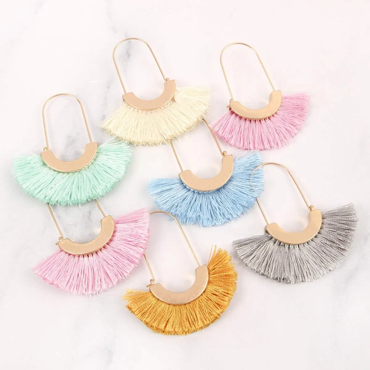 Bohemian Silky Thread Tassel Strand Fringe Statement Hoop Earrings - Lightweight Semi Circle Fan Threader, Mermaid Hoops