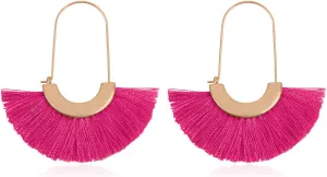 Bohemian Silky Thread Tassel Strand Fringe Statement Hoop Earrings - Lightweight Semi Circle Fan Threader, Mermaid Hoops