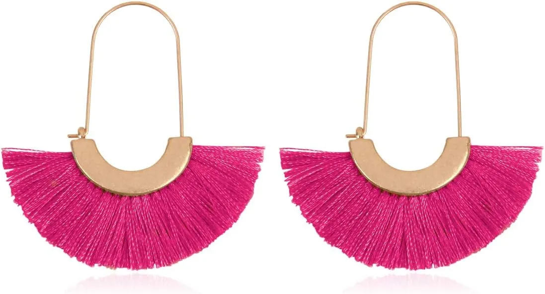 Bohemian Silky Thread Tassel Strand Fringe Statement Hoop Earrings - Lightweight Semi Circle Fan Threader, Mermaid Hoops