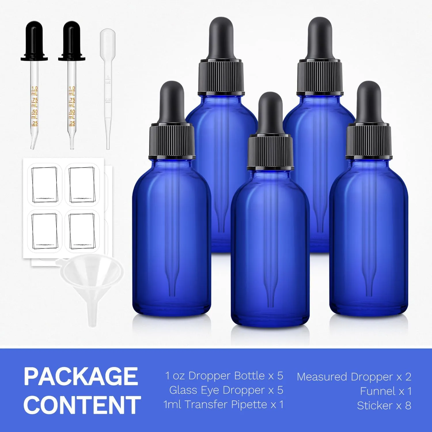 Bumobum Dropper Bottle 1 oz, 5 Pack Dark Glass Bottle with Dropper, 30ml Eye Dropper Bottle with 2 Extra Dropper, 1 Funnel, 1 Pipette & 8 Labels, Dropper for Essential Oils Serums Hair Oils Medicine