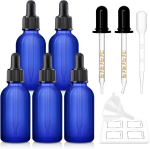 Bumobum Dropper Bottle 1 oz, 5 Pack Dark Glass Bottle with Dropper, 30ml Eye Dropper Bottle with 2 Extra Dropper, 1 Funnel, 1 Pipette & 8 Labels, Dropper for Essential Oils Serums Hair Oils Medicine