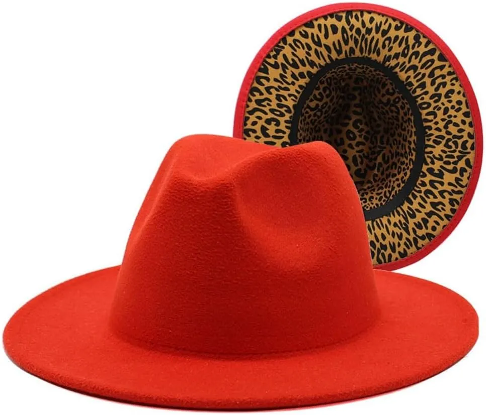 Cap New Thickened Men and Women Top Hats, Two Color Jazz Hats, Big Brim Double-Sided Woolen Leopard Texture Inner Felt Hat Fengyan Cowboy Hats (Color : Rose Red, Size : 56-58cm)