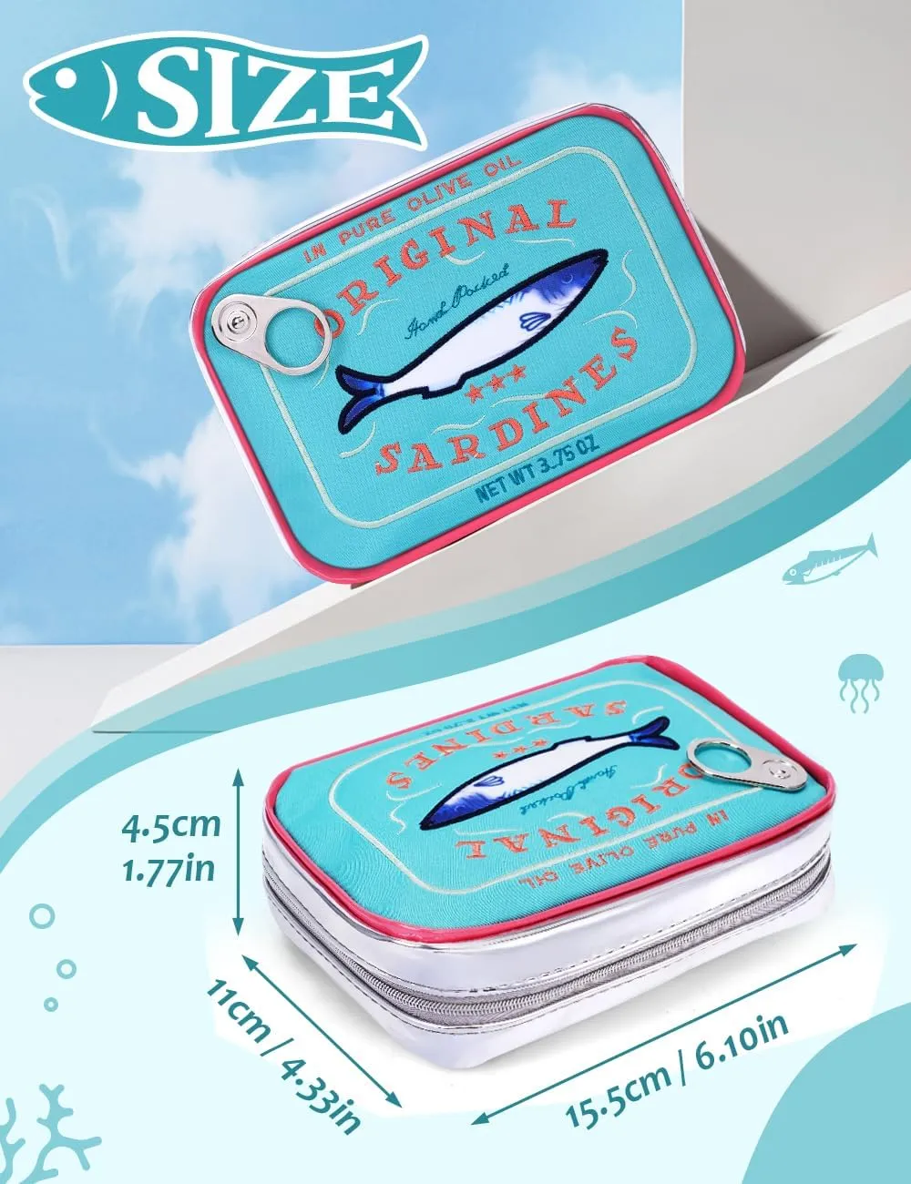 Cessfle Canned Sardines Makeup Bag, Funny Sardine Tin Fish Cosmetic Bag, Creative Cute Makeup Bag Kawaii Pencil Case Pouch, Coquette Make up Pouch for Women, 6.1*4.3*4.5inch, Blue mix Pink
