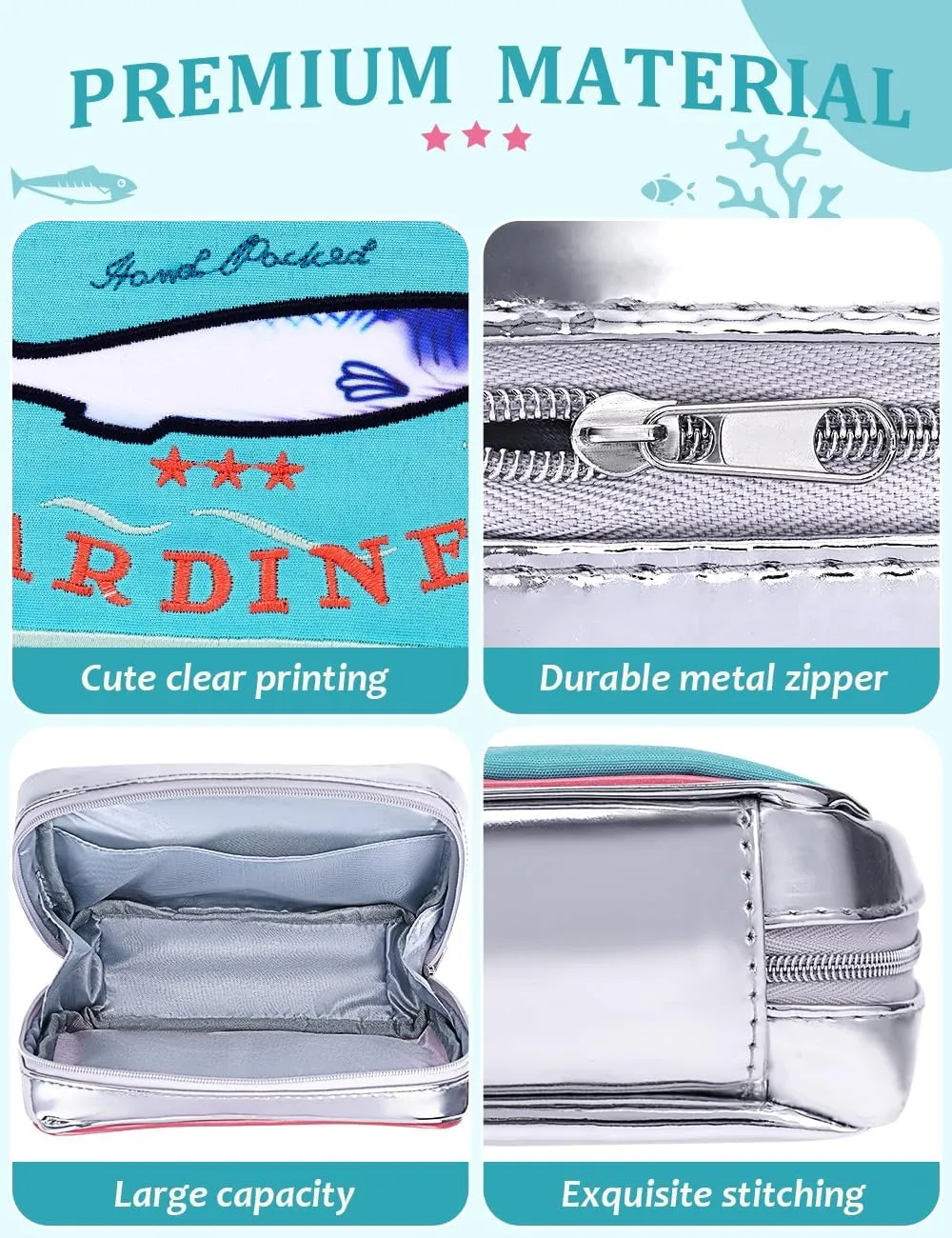 Cessfle Canned Sardines Makeup Bag, Funny Sardine Tin Fish Cosmetic Bag, Creative Cute Makeup Bag Kawaii Pencil Case Pouch, Coquette Make up Pouch for Women, 6.1*4.3*4.5inch, Blue mix Pink