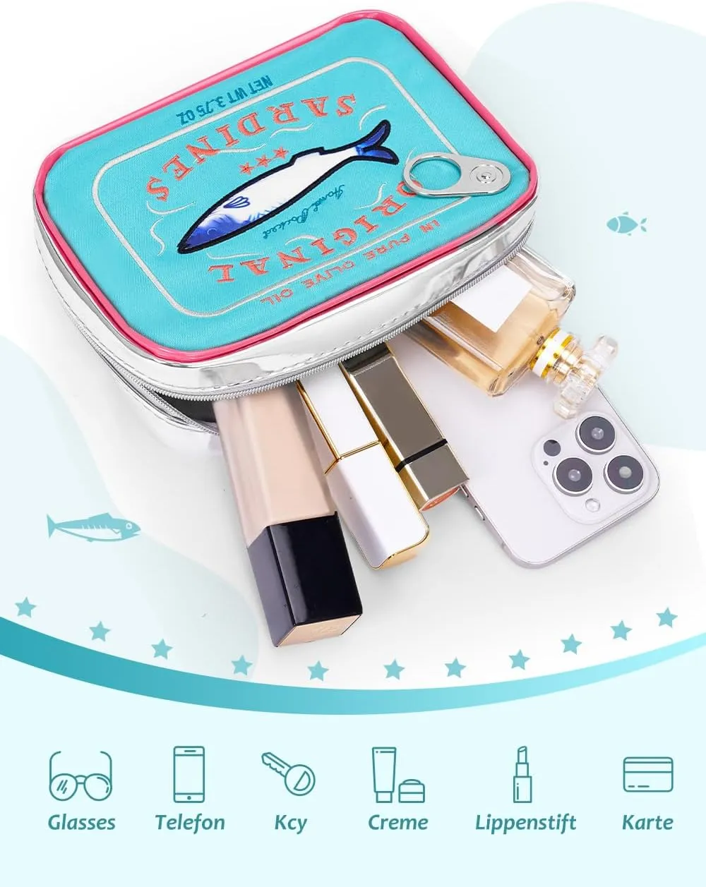 Cessfle Canned Sardines Makeup Bag, Funny Sardine Tin Fish Cosmetic Bag, Creative Cute Makeup Bag Kawaii Pencil Case Pouch, Coquette Make up Pouch for Women, 6.1*4.3*4.5inch, Blue mix Pink