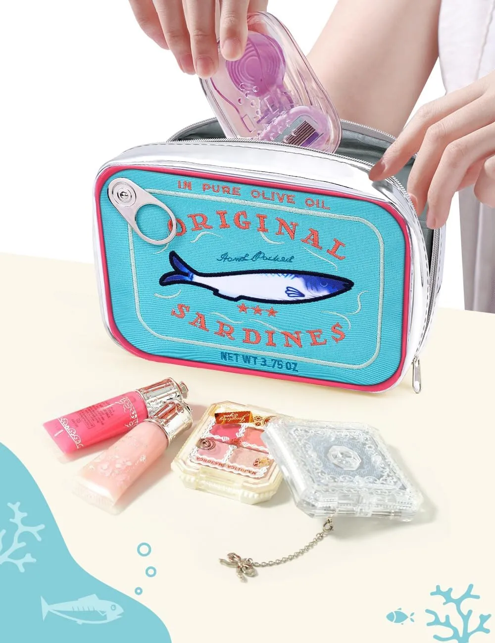 Cessfle Canned Sardines Makeup Bag, Funny Sardine Tin Fish Cosmetic Bag, Creative Cute Makeup Bag Kawaii Pencil Case Pouch, Coquette Make up Pouch for Women, 6.1*4.3*4.5inch, Blue mix Pink