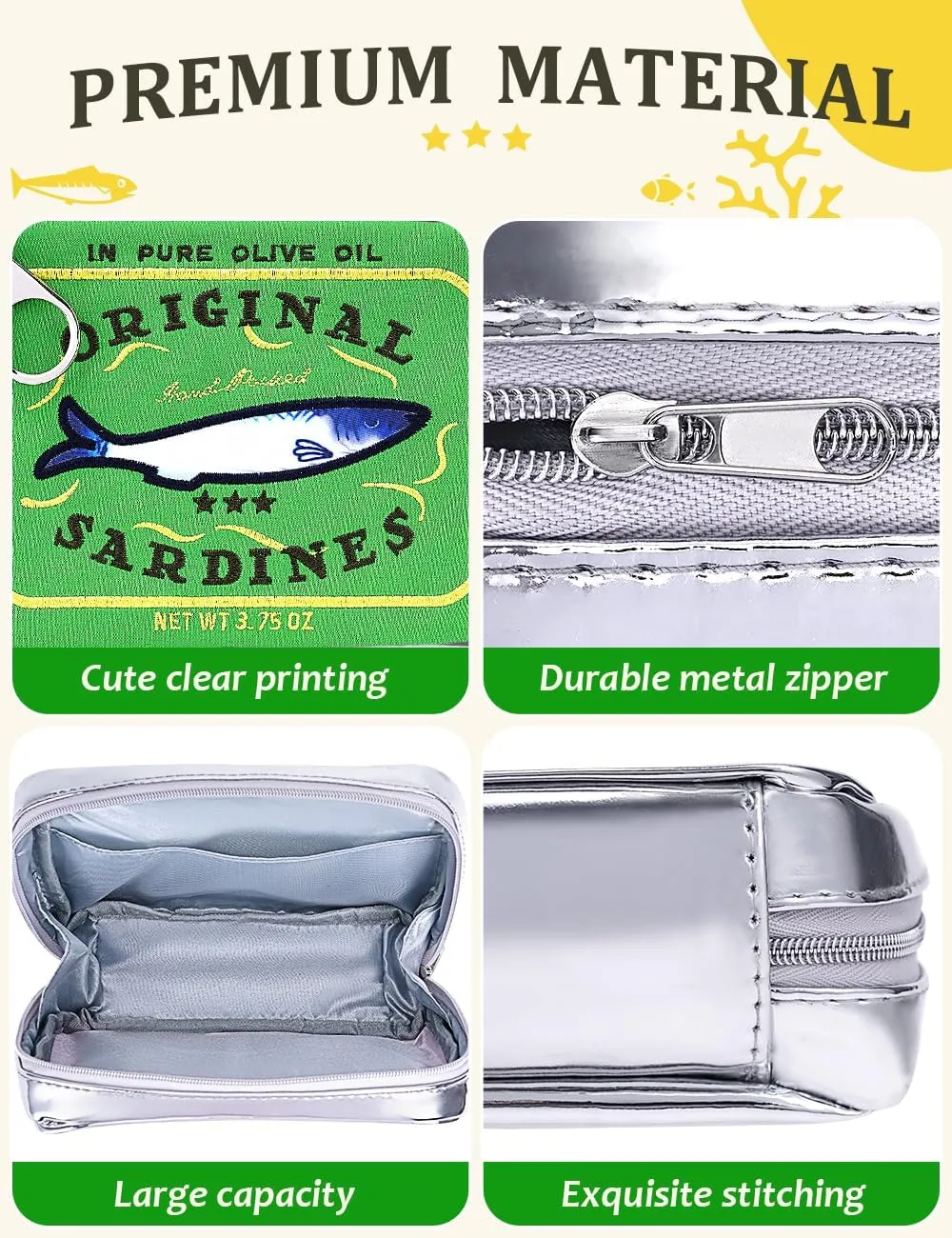 Cessfle Canned Sardines Makeup Bag, Funny Sardine Tin Fish Cosmetic Bag, Creative Cute Makeup Bag Kawaii Pencil Case Pouch, Coquette Make up Pouch for Women