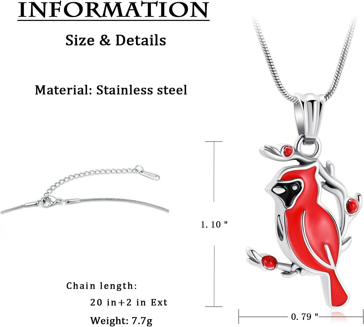 constantlife Cardinal Urn Necklace for Ashes Stainless Steel Red Blue Bird Pendant Cremation Keepsake Human Pet Memorial Jewelry for Women Men