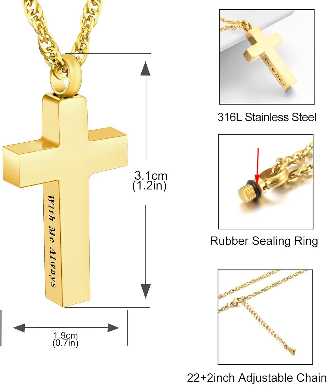 Cremation Cross Necklace for Ashes Stainless Steel Cross Urn Pendant Ashes Holder Memorial Jewelry-With Me Always