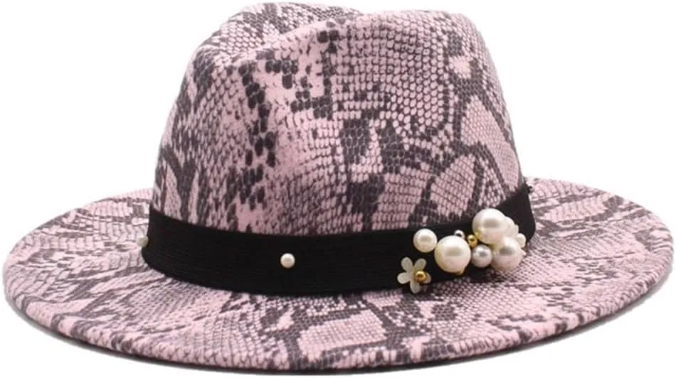 DHAEY New Gentlemen's English Style Woolen Jazz Hat Snakeskin Casual Top Hat Flat Brim Men's and Women's Felt Hat Luopan Caps & Hats (Color : Rose Red, Size : 56-58cm)