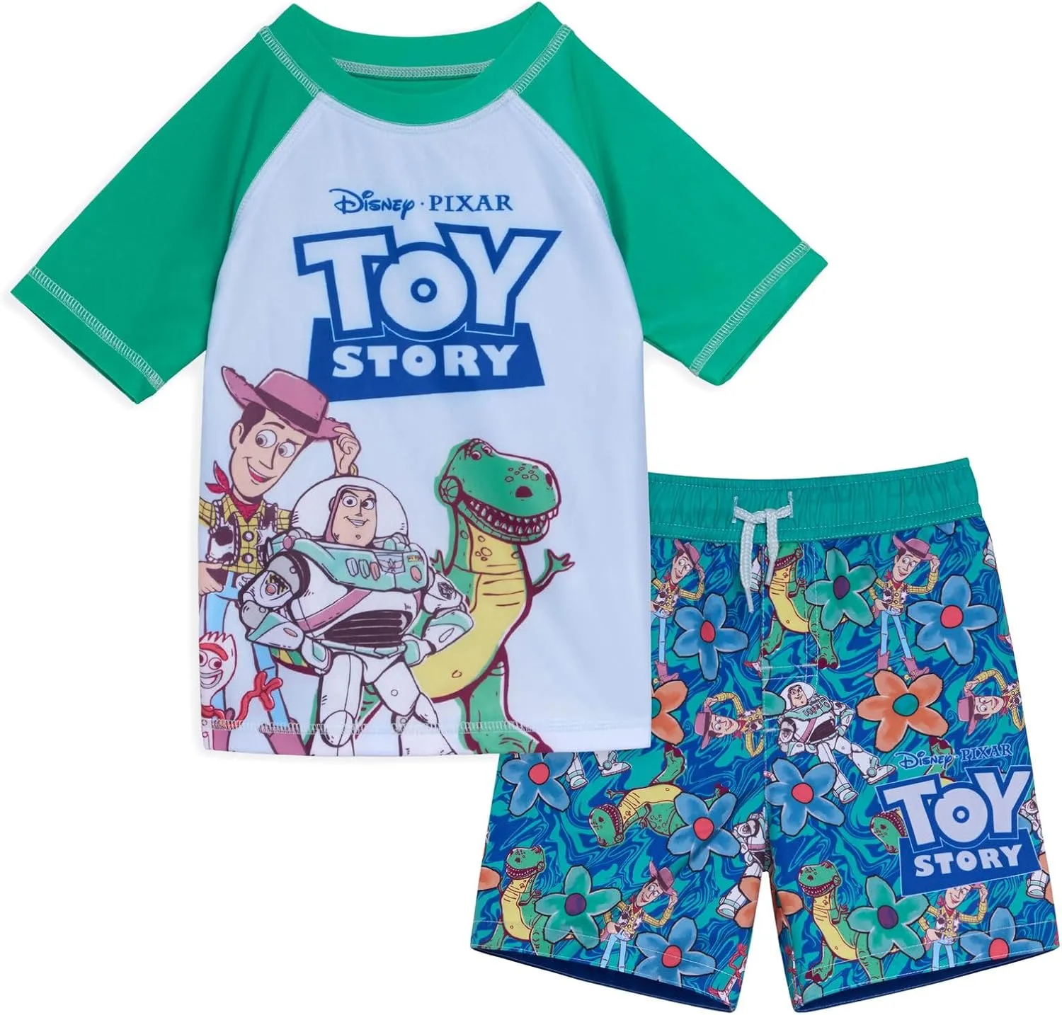 Disney Toy Story UPF 50  Pullover Rash Guard and Swim Trunks Outfit Set Toddler to Little Kid Sizes (2T - 7)