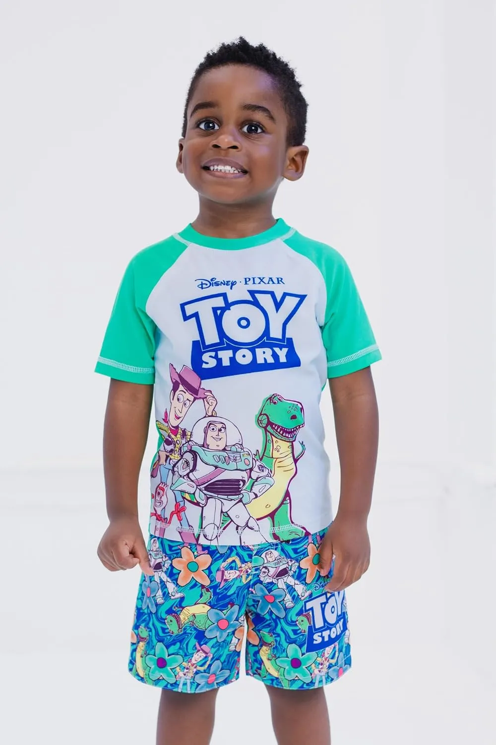 Disney Toy Story UPF 50  Pullover Rash Guard and Swim Trunks Outfit Set Toddler to Little Kid Sizes (2T - 7)