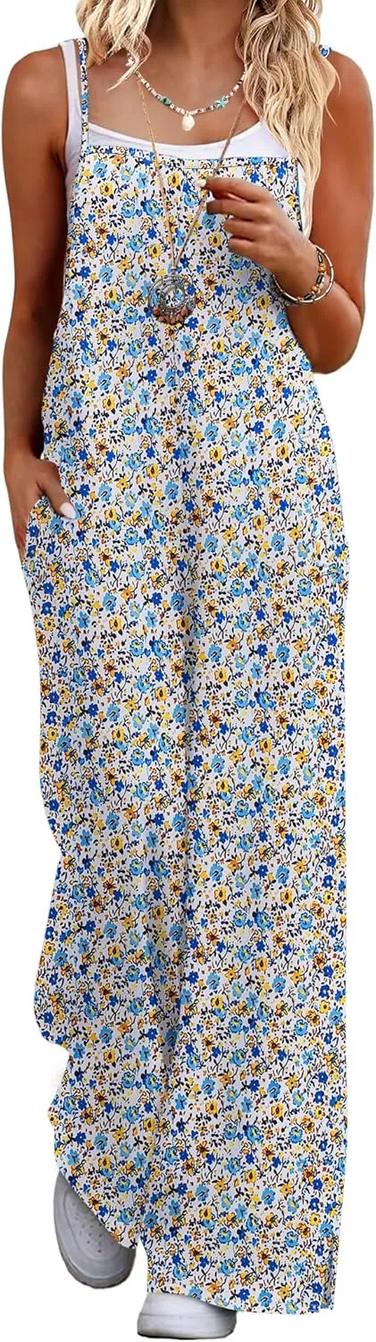 Ekouaer Womens Casual Sleeveless Jumpsuits Summer Boho Wide Leg Floral Rompers Overalls with Pockets