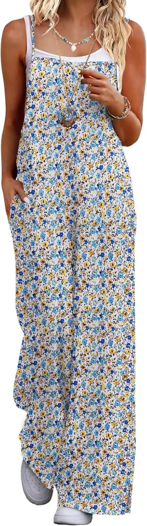 Ekouaer Womens Casual Sleeveless Jumpsuits Summer Boho Wide Leg Floral Rompers Overalls with Pockets