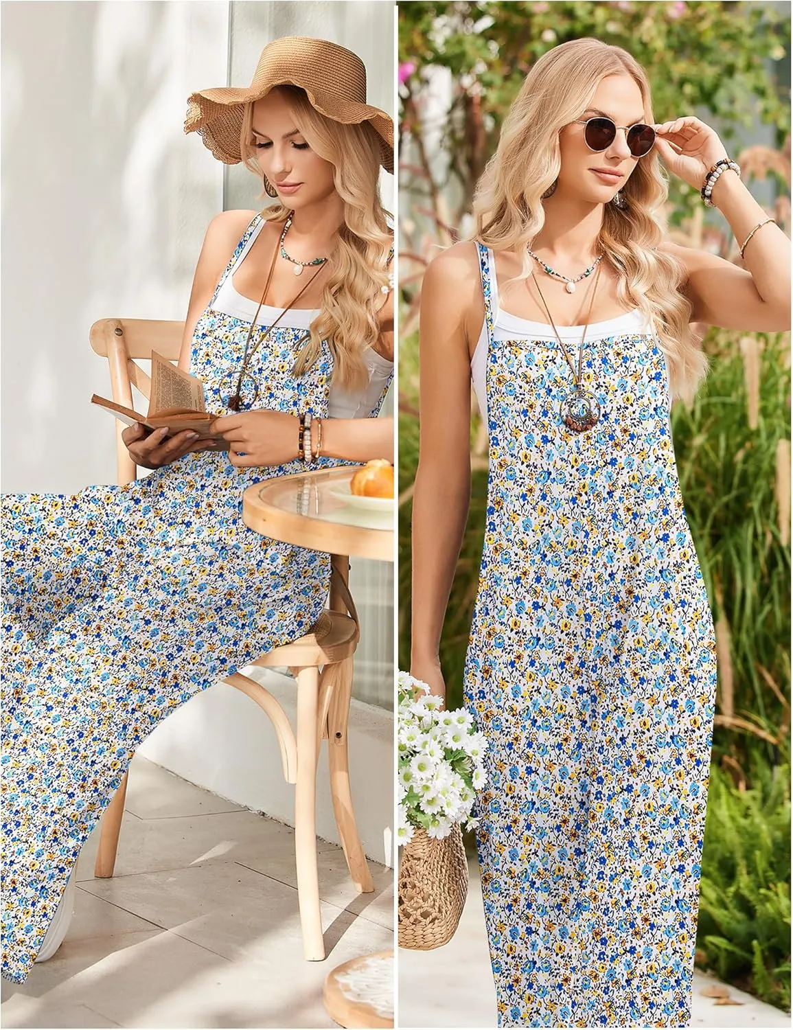 Ekouaer Womens Casual Sleeveless Jumpsuits Summer Boho Wide Leg Floral Rompers Overalls with Pockets