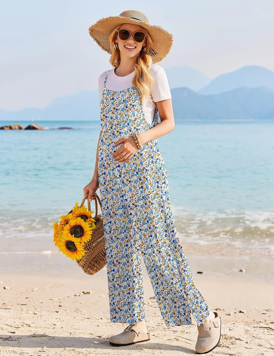 Ekouaer Womens Casual Sleeveless Jumpsuits Summer Boho Wide Leg Floral Rompers Overalls with Pockets