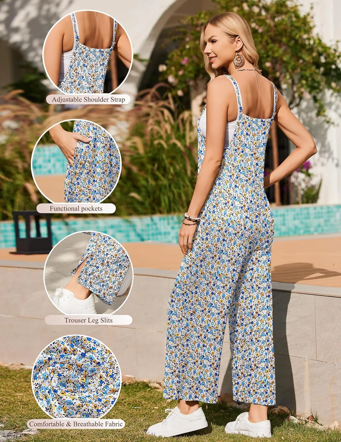 Ekouaer Womens Casual Sleeveless Jumpsuits Summer Boho Wide Leg Floral Rompers Overalls with Pockets