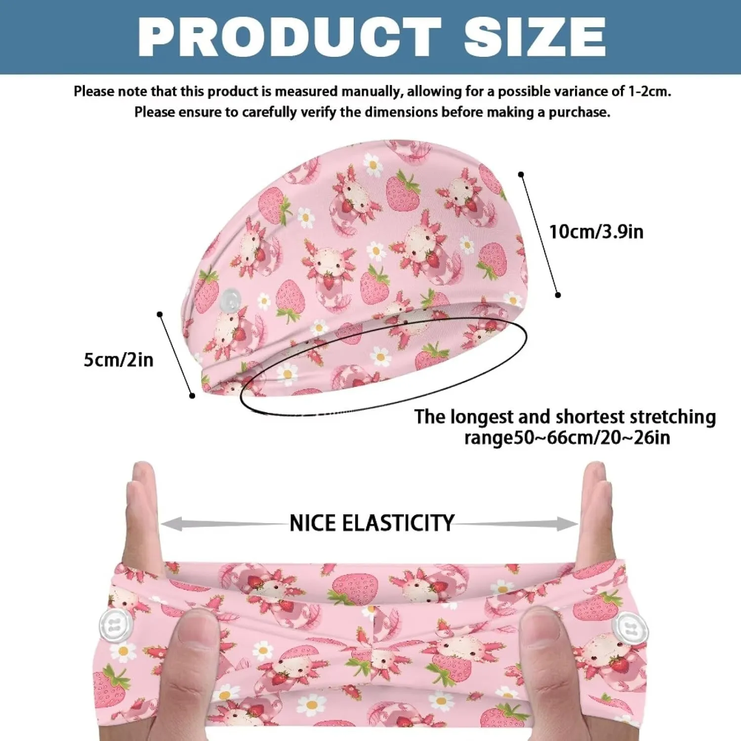 Gomyblomy Strawberry Axolotl Wide Headbands for Women Cute Pink Yoga Workout Hair Bands Elastic Non Slip Nurse Headbands with Buttons for Mask Headwrap for Nurses Doctors