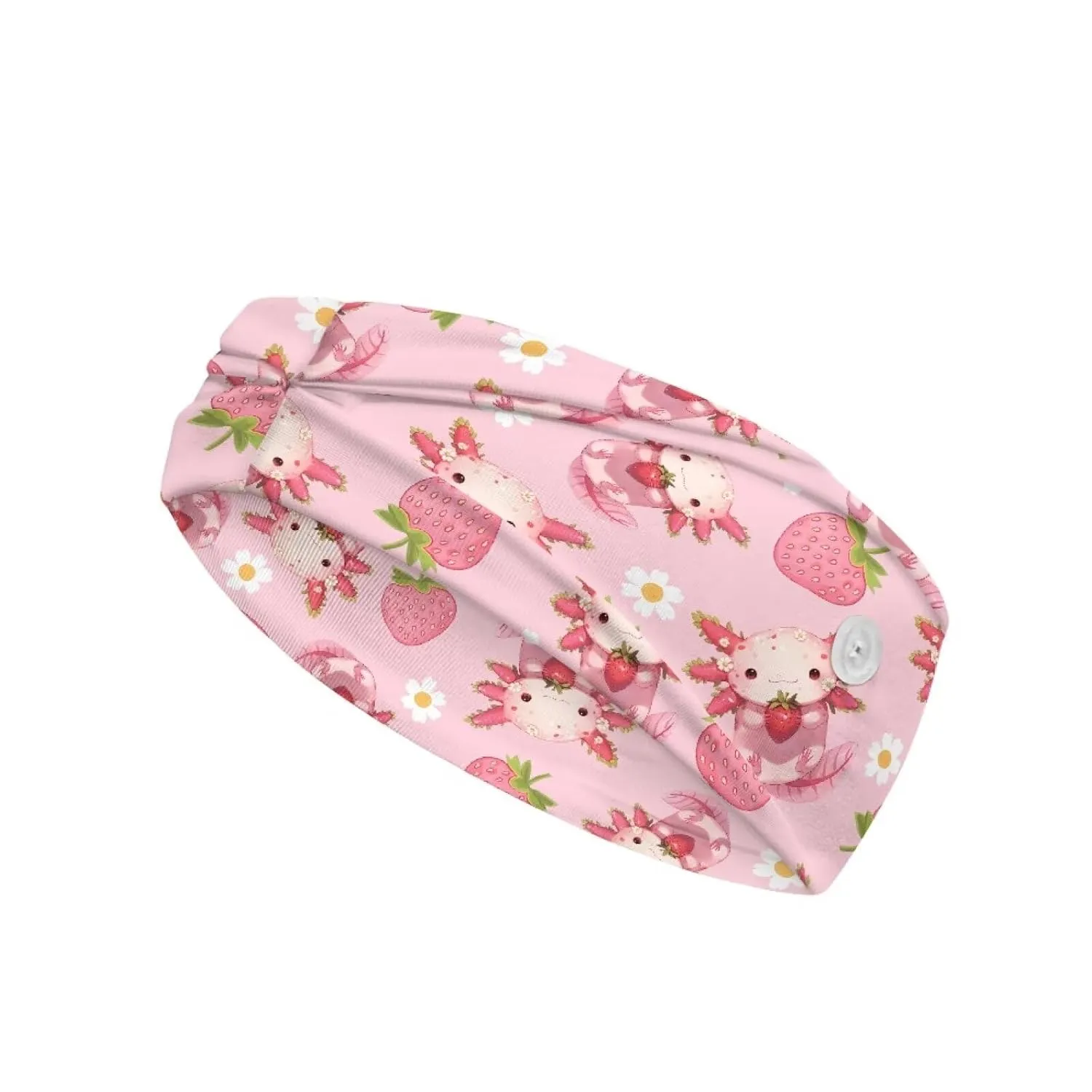 Gomyblomy Strawberry Axolotl Wide Headbands for Women Cute Pink Yoga Workout Hair Bands Elastic Non Slip Nurse Headbands with Buttons for Mask Headwrap for Nurses Doctors