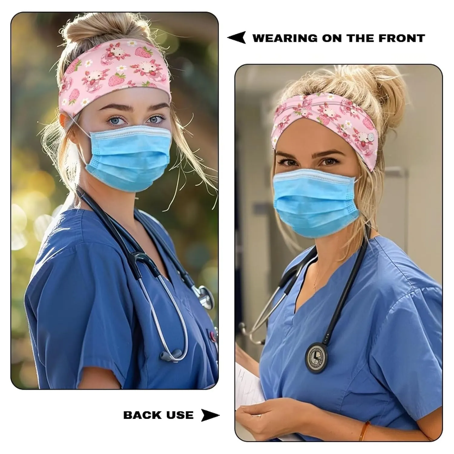 Gomyblomy Strawberry Axolotl Wide Headbands for Women Cute Pink Yoga Workout Hair Bands Elastic Non Slip Nurse Headbands with Buttons for Mask Headwrap for Nurses Doctors