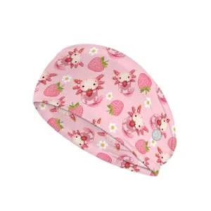Gomyblomy Strawberry Axolotl Wide Headbands for Women Cute Pink Yoga Workout Hair Bands Elastic Non Slip Nurse Headbands with Buttons for Mask Headwrap for Nurses Doctors