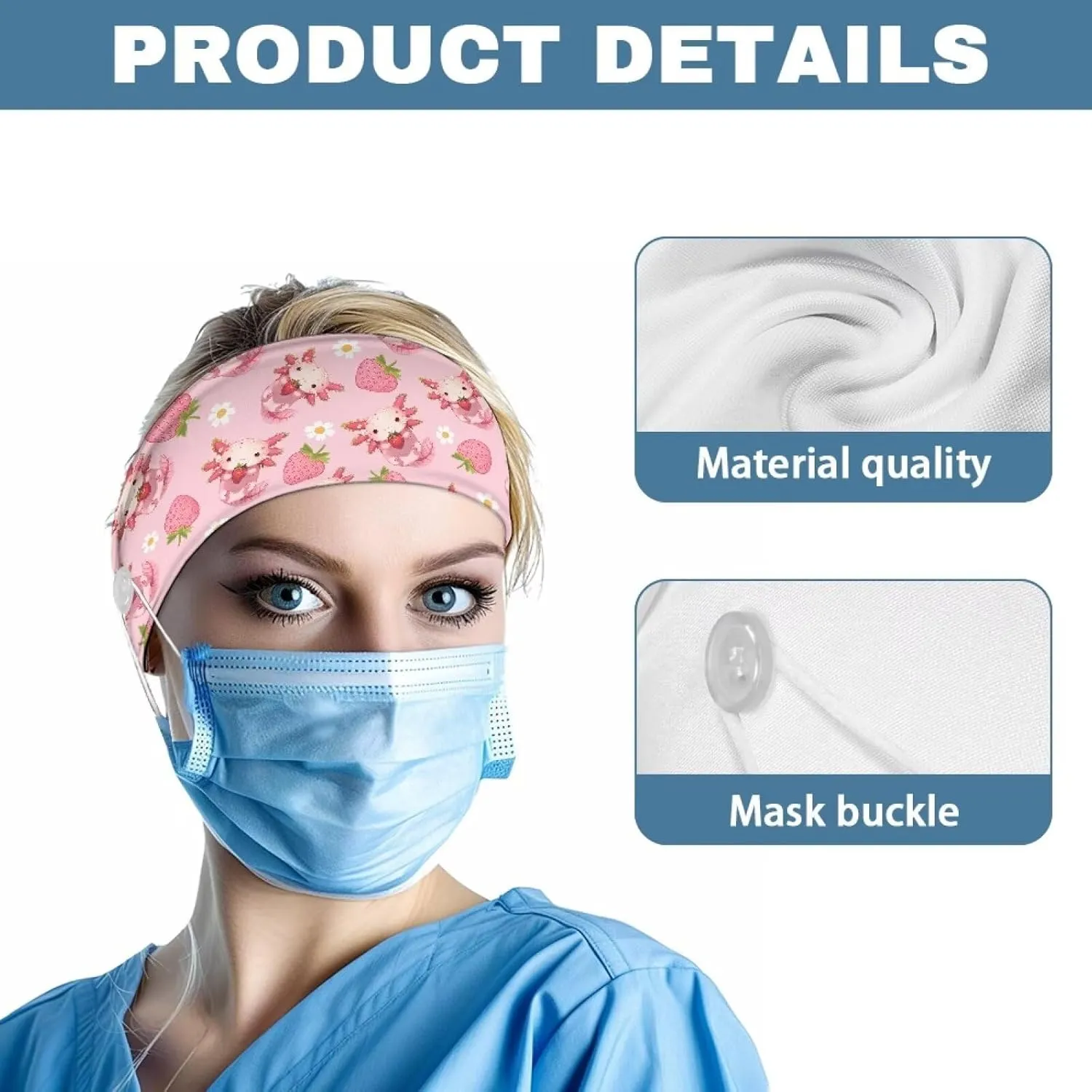 Gomyblomy Strawberry Axolotl Wide Headbands for Women Cute Pink Yoga Workout Hair Bands Elastic Non Slip Nurse Headbands with Buttons for Mask Headwrap for Nurses Doctors