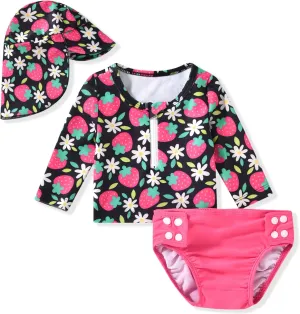 HINTINA Newborn Baby Girl Long Sleeve 2-Pieces Swimsuit Bathing Suit with Hat