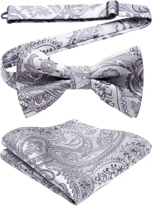 HISDERN Bow Ties for Men Paisley Floral Pre-tied Bowtie Pocket Square Set Men's Formal Bow Ties Wedding Party