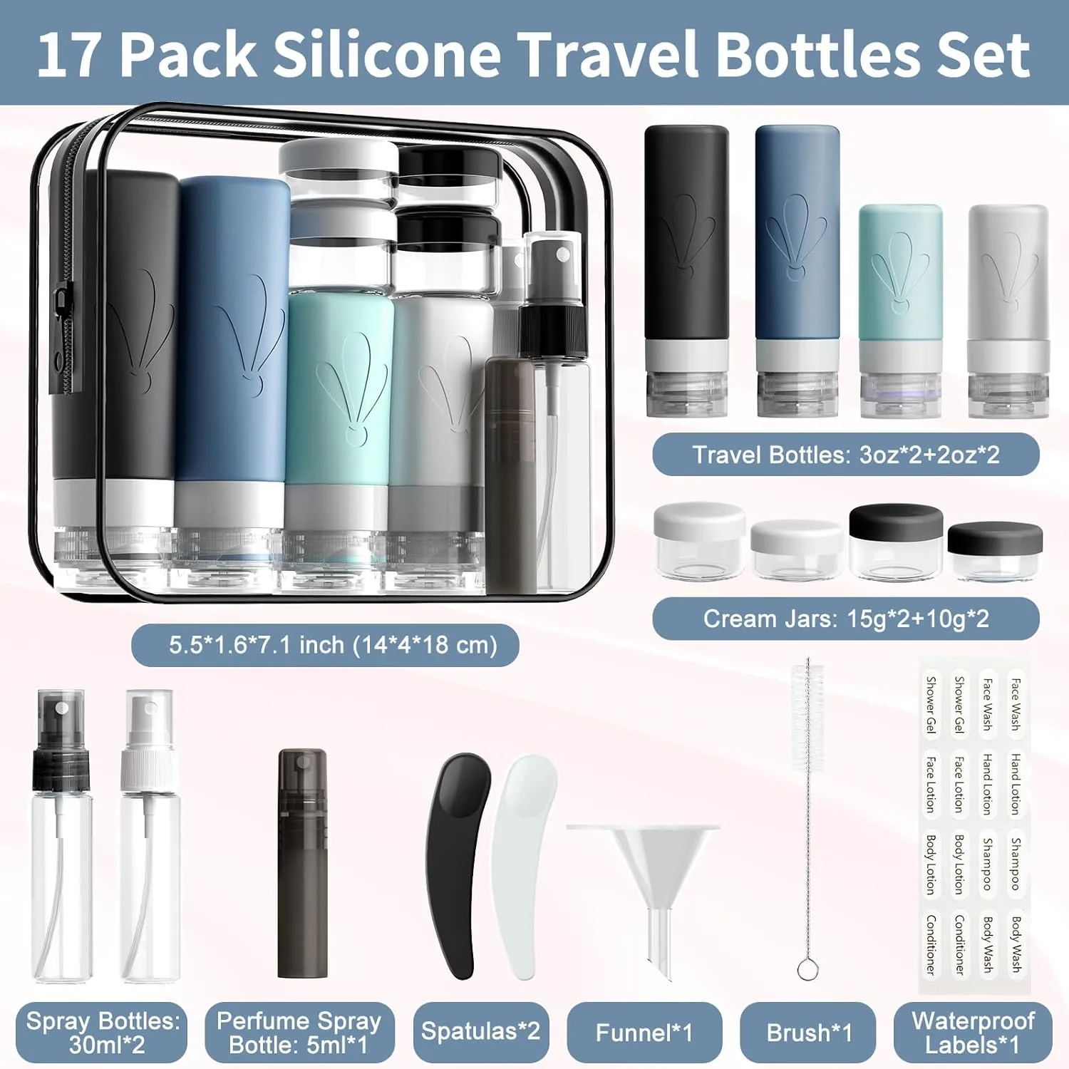 INSFIT Silicone Travel Bottles Set, 17 Pack Travel Size Toiletries, Leakproof Travel Bottles for Toiletries, Travel Accessories for Women, Airplane Travel Essentials, Travel Containers for Toiletries