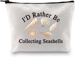 JXGZSO Seashell Collectors Gift I'd Rather Be Collecting Seashells Toiletry Bag With Zipper Beachcomber Seashell Bag Sea Vacation Gift