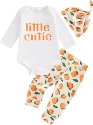 Little Cutie Baby Girl Fall Outfits Long Sleeve Romper Orange Pants Knot Hat Clementine Coming Home Clothing Set